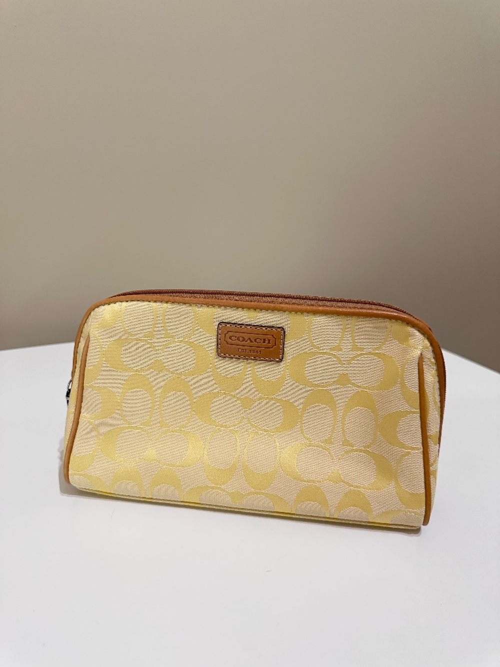 Rare Vintage Coach Yellow and Tan Canvas and Laether  Cosmetic Bag Pouch Y2K